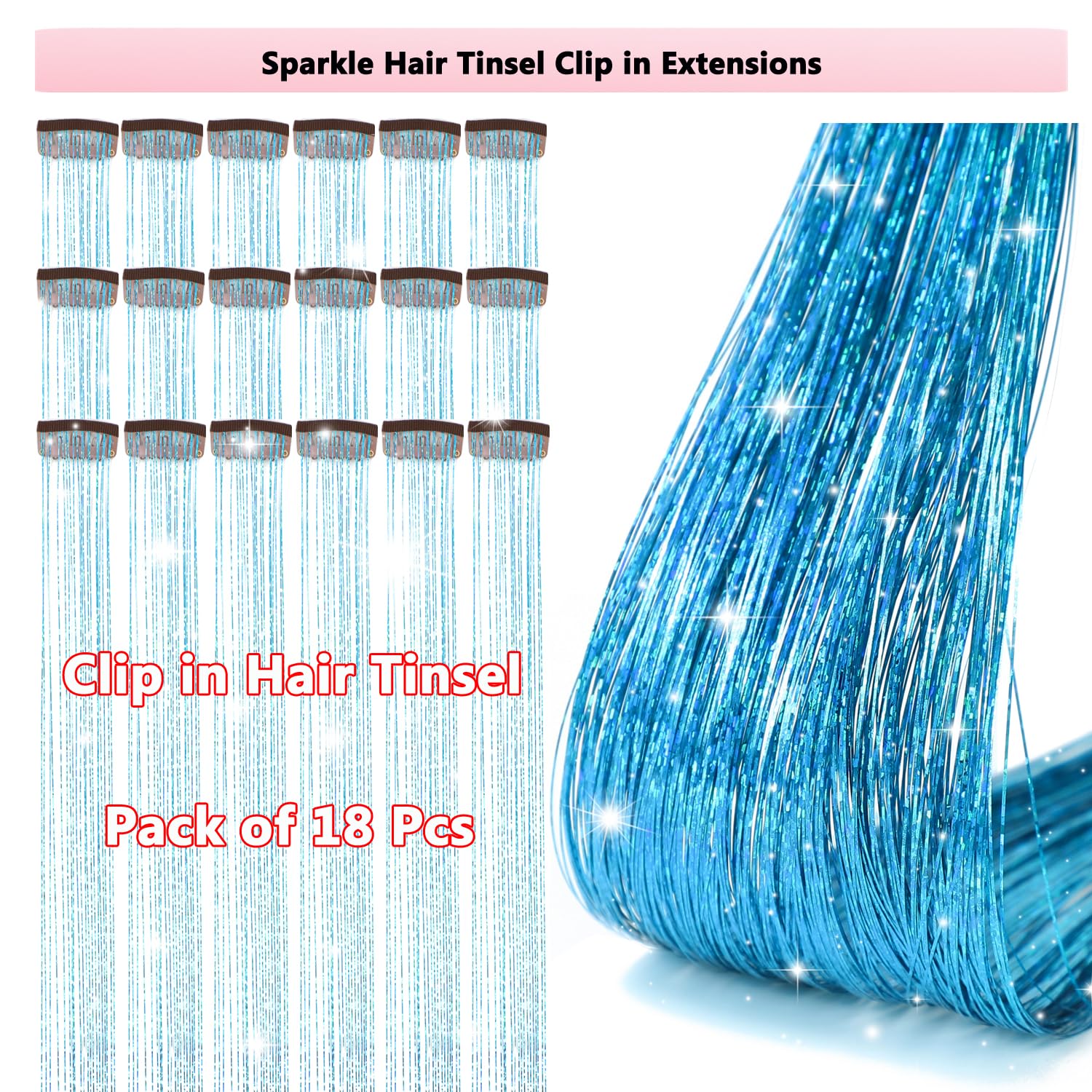 Obinying sky blue tinsel clip-in highlights a cool, festival-ready shimmer.