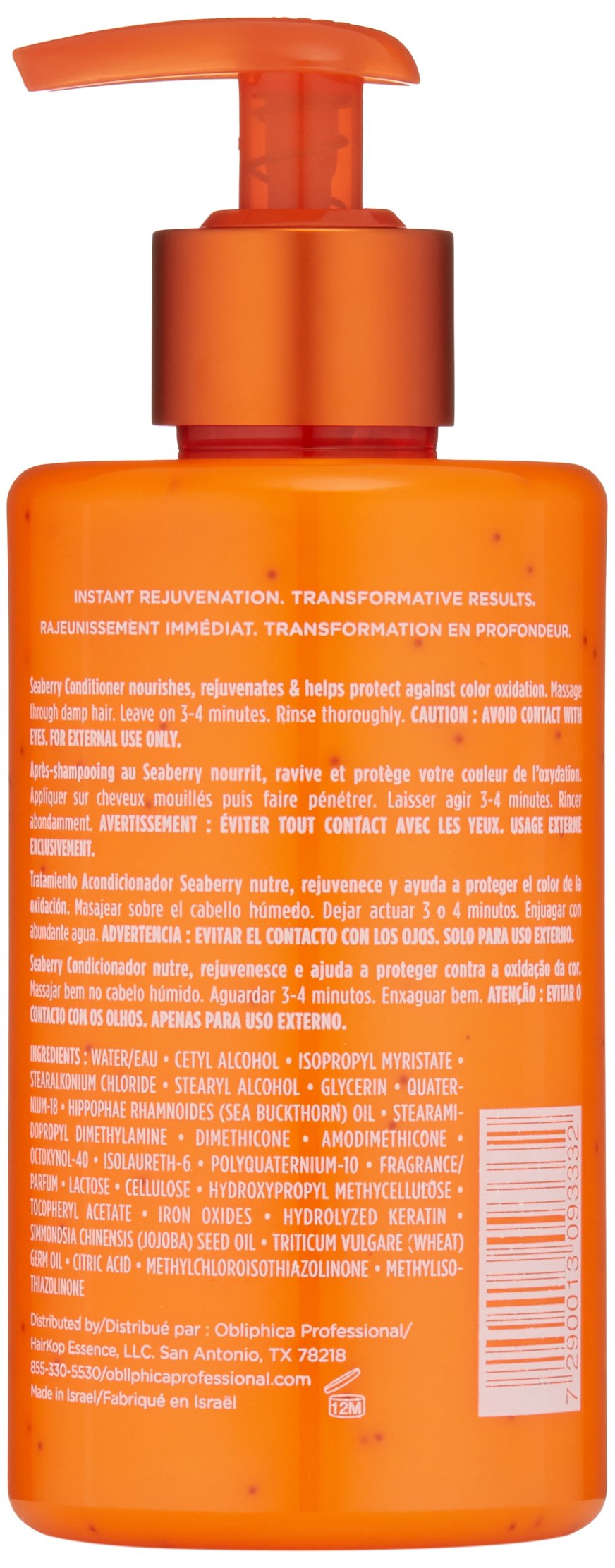 Obliphica Professional Seaberry Conditioner being applied for nourished, frizz-free hair.