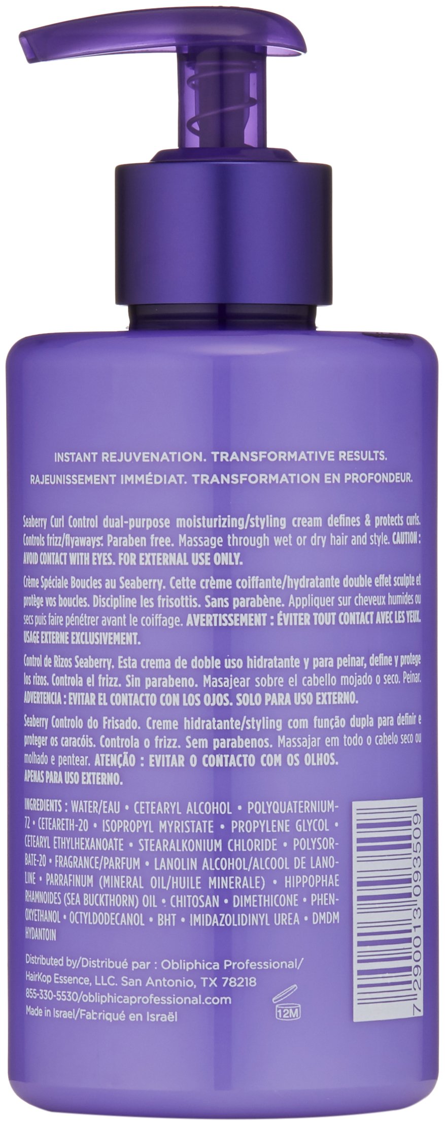 Obliphica Seaberry Curl Control Cream in hands, showcasing smoothing, defined curls.