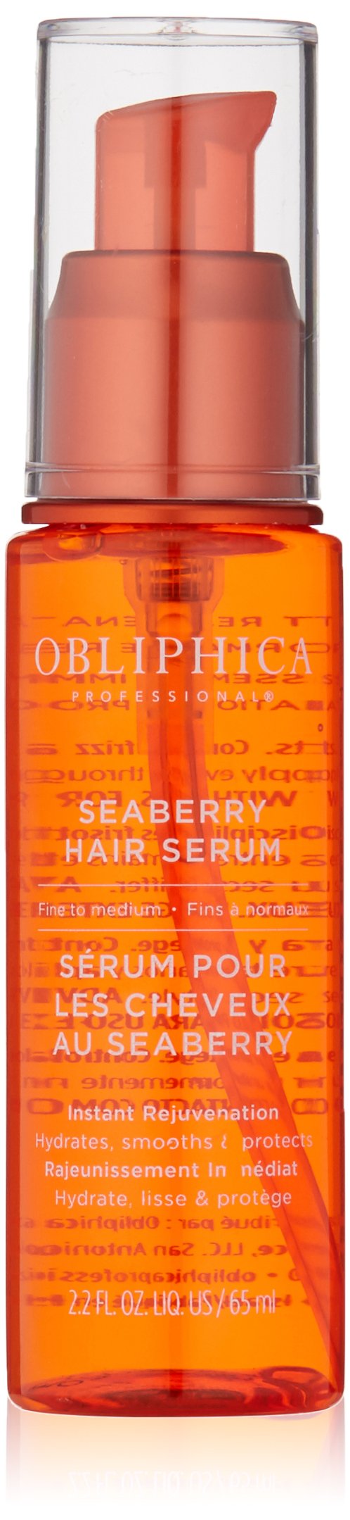 Obliphica Seaberry leave-in serum bottle shown for nourishing frizz control.