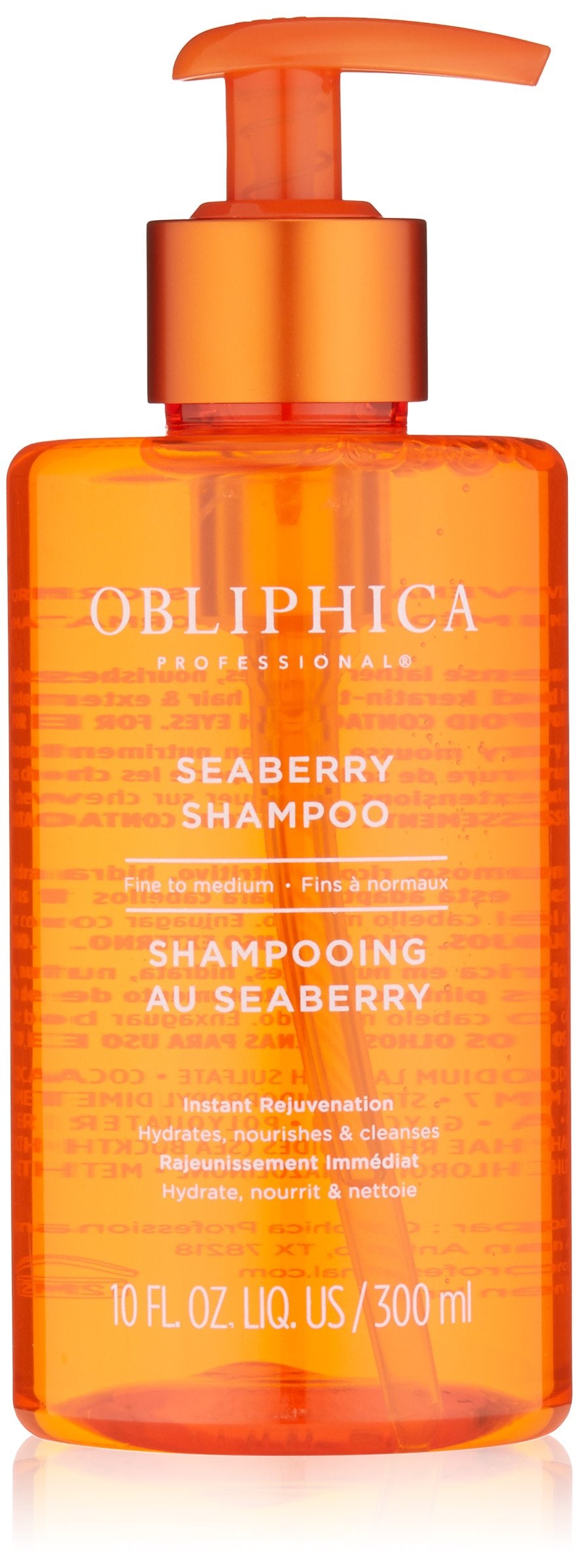 Obliphica Seaberry shampoo bottle pour for lightweight cleansing on fine to medium hair.