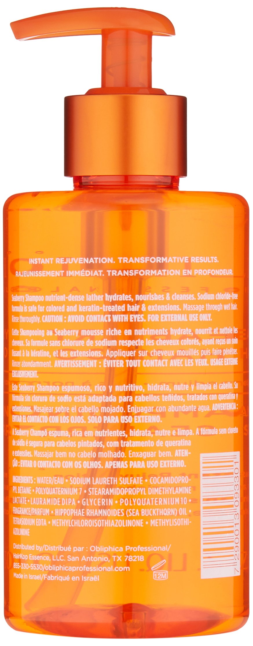 Obliphica Seaberry shampoo label showcases nourishing formula that supports hydrated, supple strands.