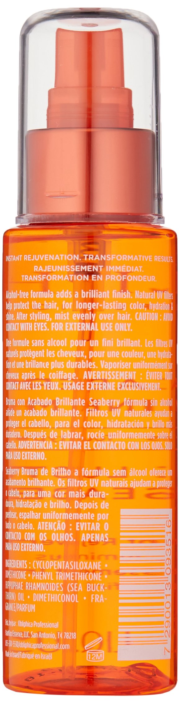 Obliphica Seaberry Shine Mist bottle back highlights easy spray and lasting shine.