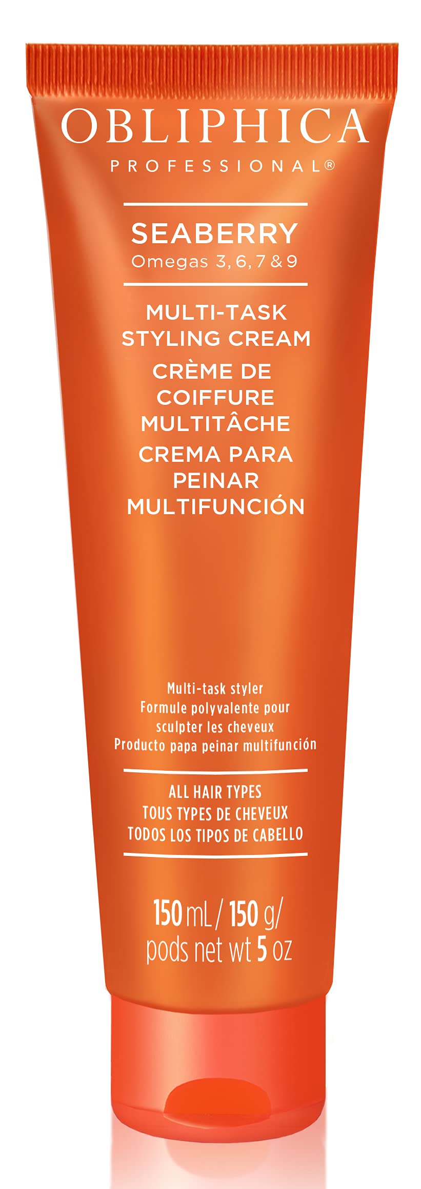 Obliphica Seaberry Styling Cream bottle showing frizz control and heat protection for smooth styles.