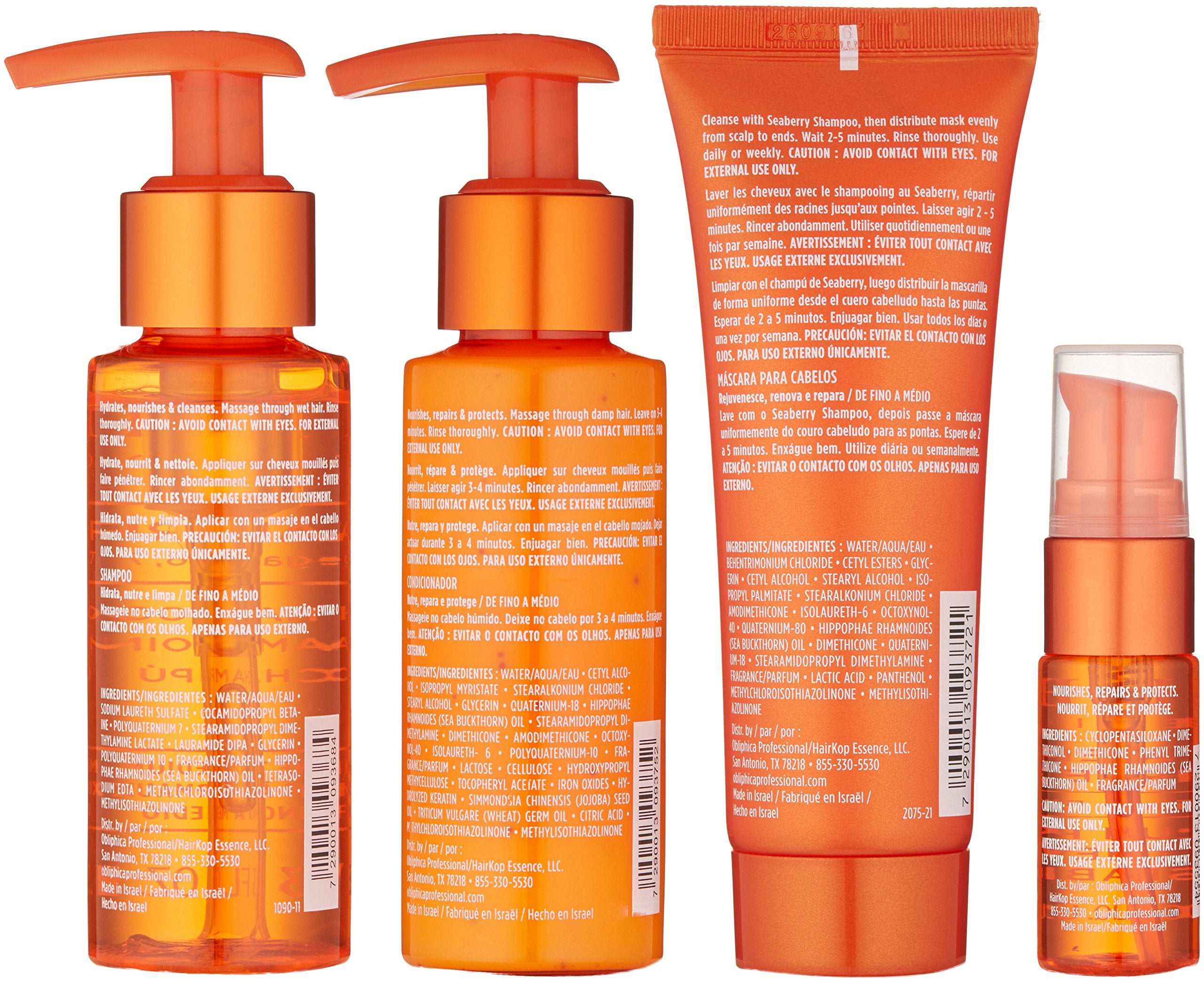 Obliphica Seaberry travel kit labels showcase moisturizing ingredients and vitamins.