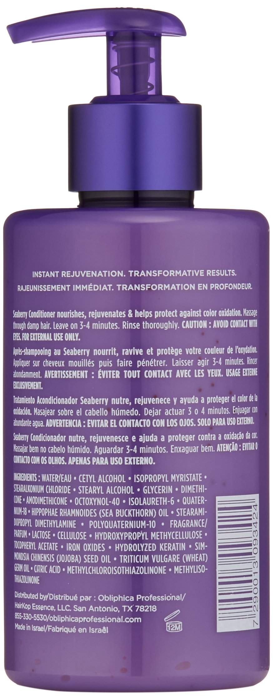 Obliphica Professional Seaberry Conditioner label close-up for nourishment