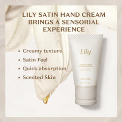 Texture close-up of Lily Satin Hand Cream showing creamy, velvety feel.