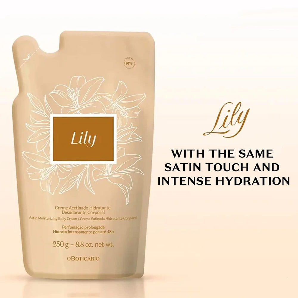 O Boticário Lily Satin Moisturizer refill back showcases recyclable pouch and long-lasting hydration.