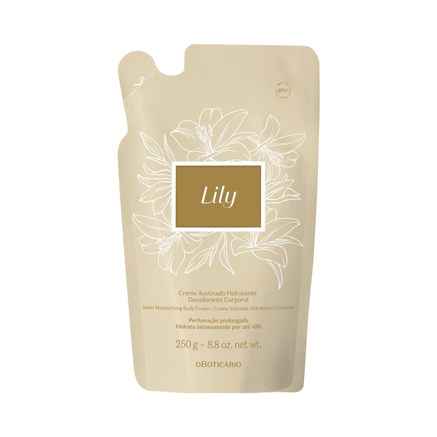 O Boticário Lily Satin Moisturizer refill front shows eco-friendly packaging and satin hydration.