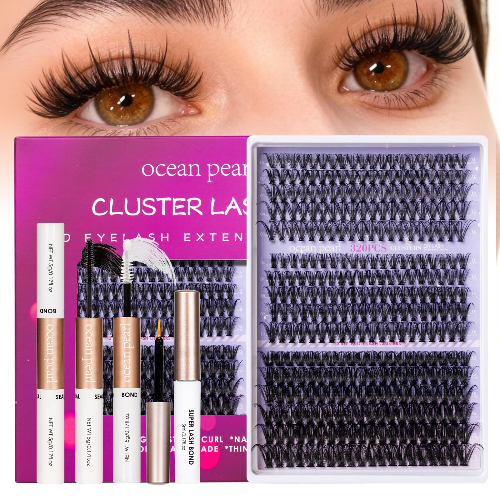 Ocean Pearl Lash Clusters 320pcs kit box, ideal for at-home DIY lash creation.
