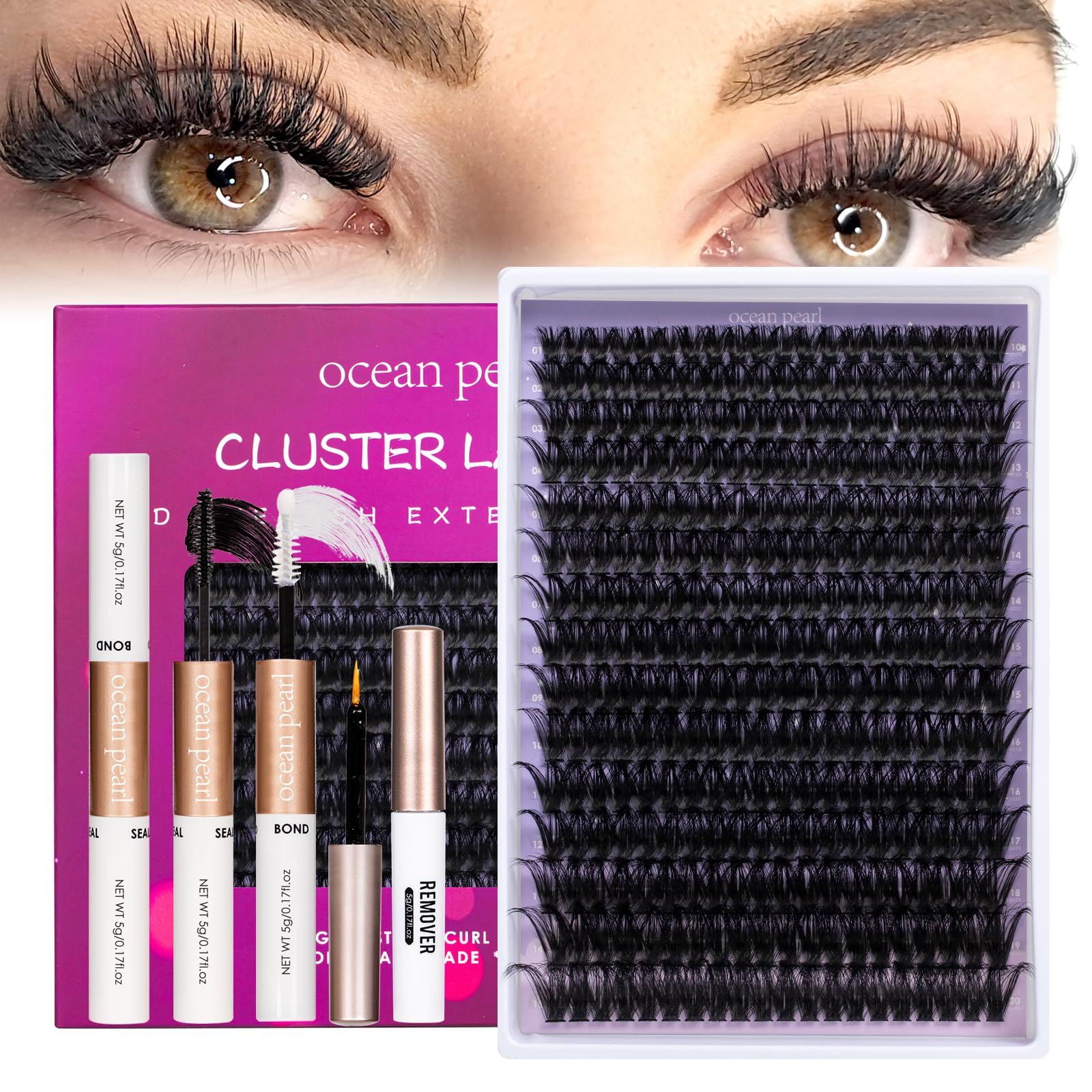 Ocean Pearl Lash Clusters bond bottle shown for precise adhesive control.