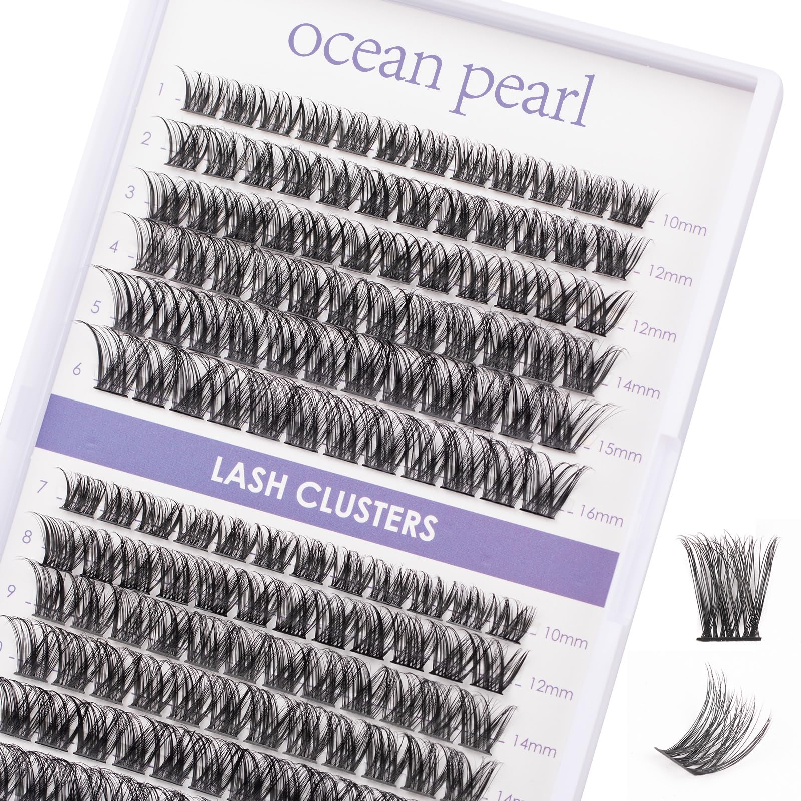 Ocean Pearl lash clusters tray closeup showing thin bases for natural blending.