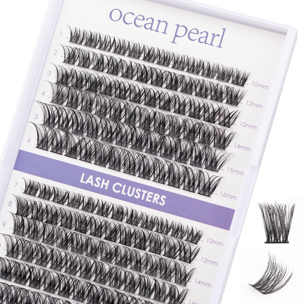 Ocean Pearl lash clusters tray closeup showing thin bases for natural blending.