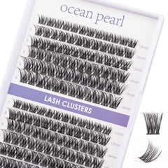 Ocean Pearl lash clusters tray closeup showing thin bases for natural blending.