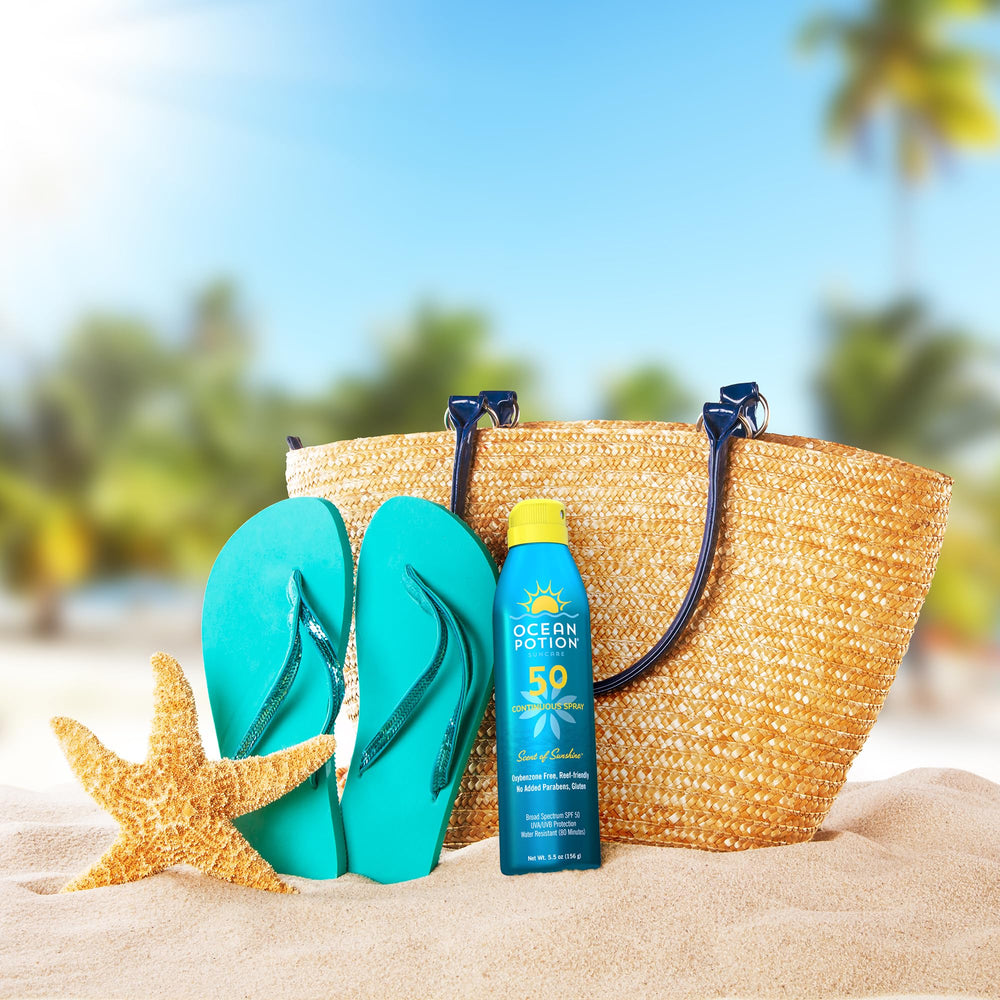 Ocean Potion bottle with sunlit beach background suggesting daily use