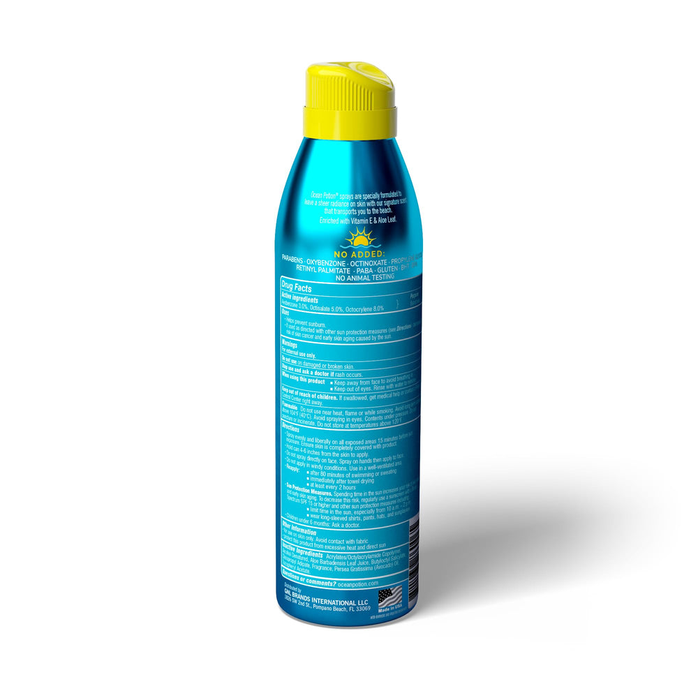 Ocean Potion SPF50 spray in action showing a quick-dry mist
