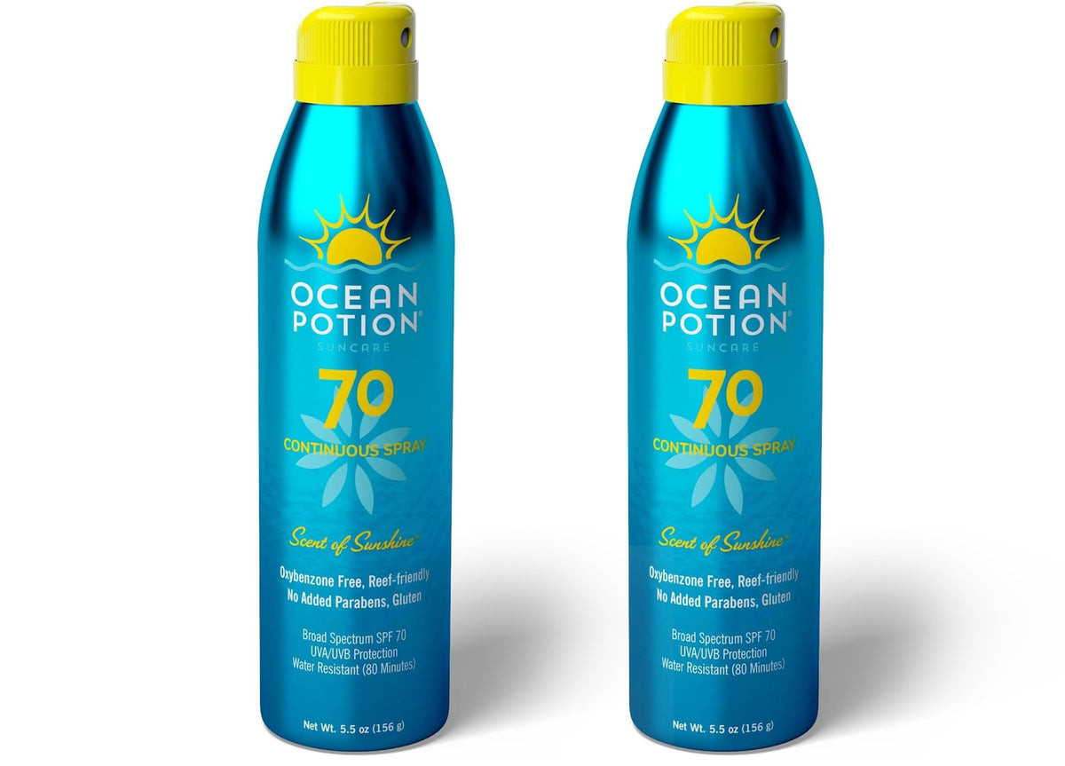 Ocean Potion Sunscreen Body Spray SPF70 bottle close-up for strong sun protection.