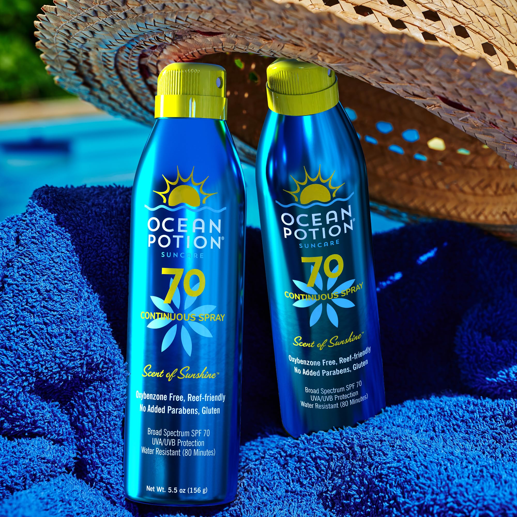 Ocean Potion Sunscreen Body Spray bottle in sunlight showing UV protection concept.
