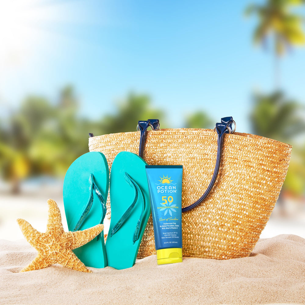 Aloe leaf and vitamin E closeup in Ocean Potion SPF50 formula for skin care.