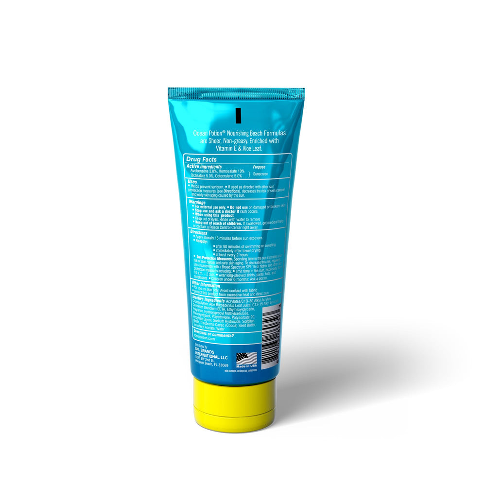 Ocean Potion Sunscreen Lotion SPF50 bottle back label detailing ingredients and usage.