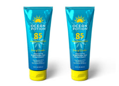 Ocean Potion Sunscreen Lotion SPF85 front label, twin-pack, ideal for beach days.