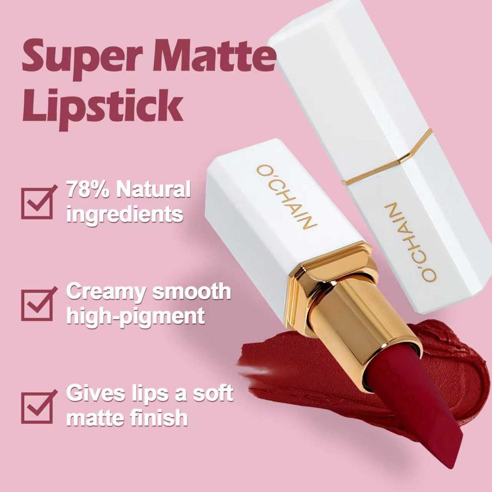 O'CHAIN Dark Red Matte Lipstick application stroke demonstrating smooth glide
