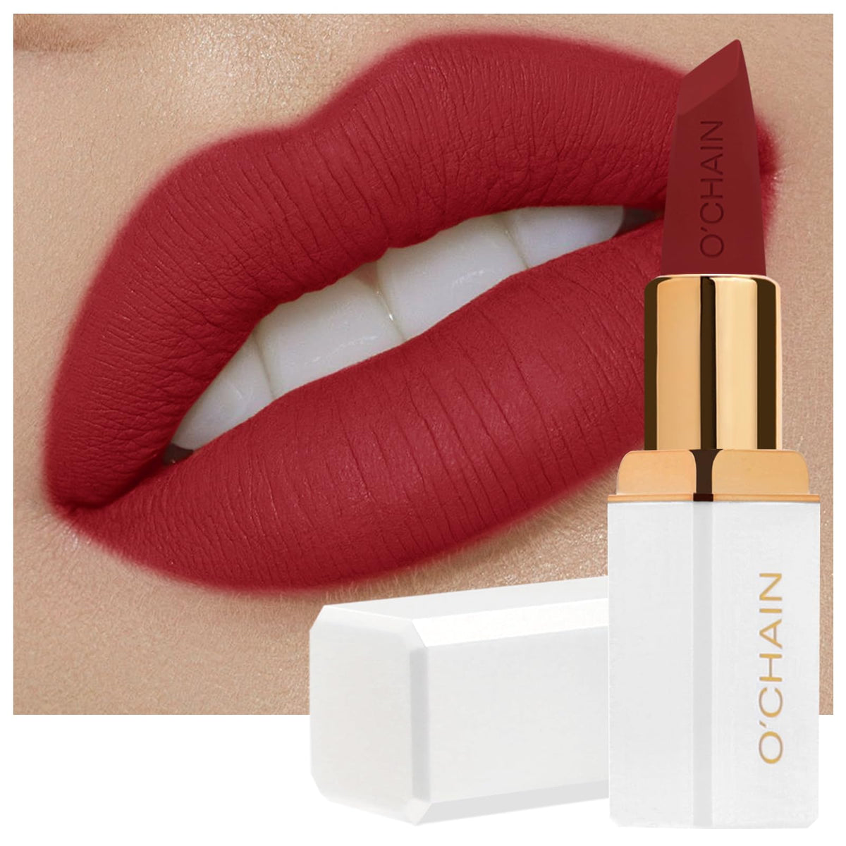 O'CHAIN Dark Red Matte Lipstick tube close-up with long-lasting color payoff