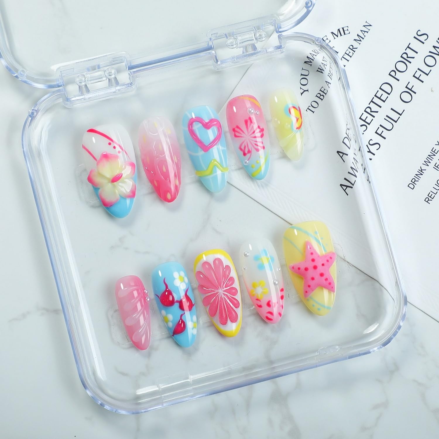 OCOUYVD Beach nails with 3D flowers and starfish accents for chic summer looks