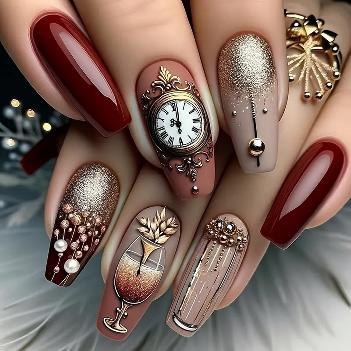 OCOUYVD Christmas press on nails with medium coffin glitter finish for festive looks.