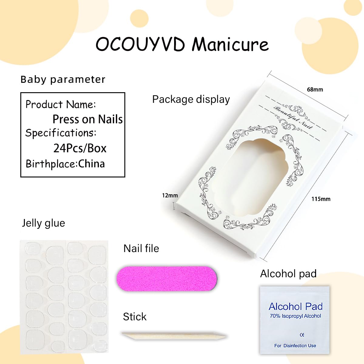 OCOUYVD packaging includes 24 pieces for versatile nail fitting.