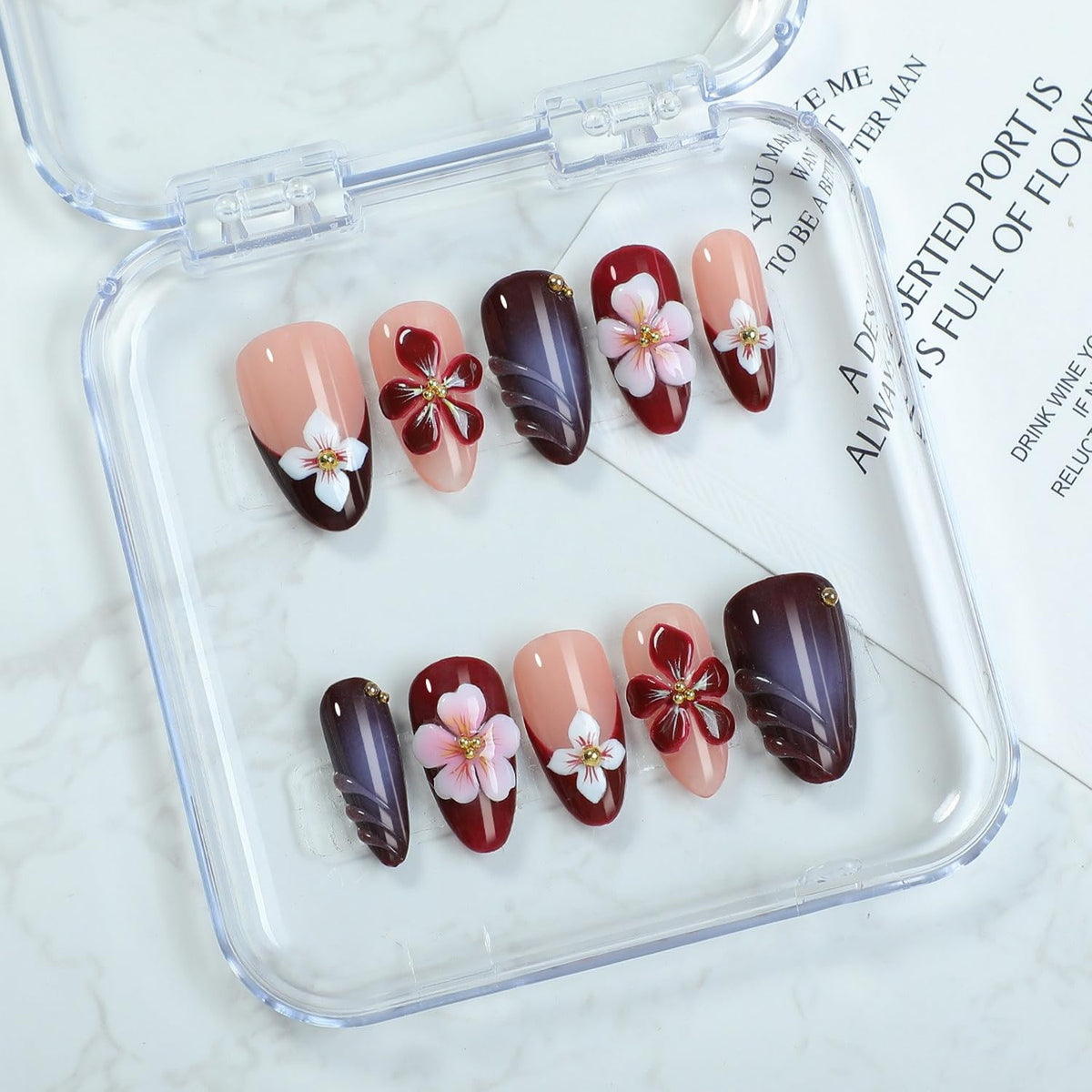 OCOUYVD flower press on nails with 3D flower embossing for elegant daily wear.
