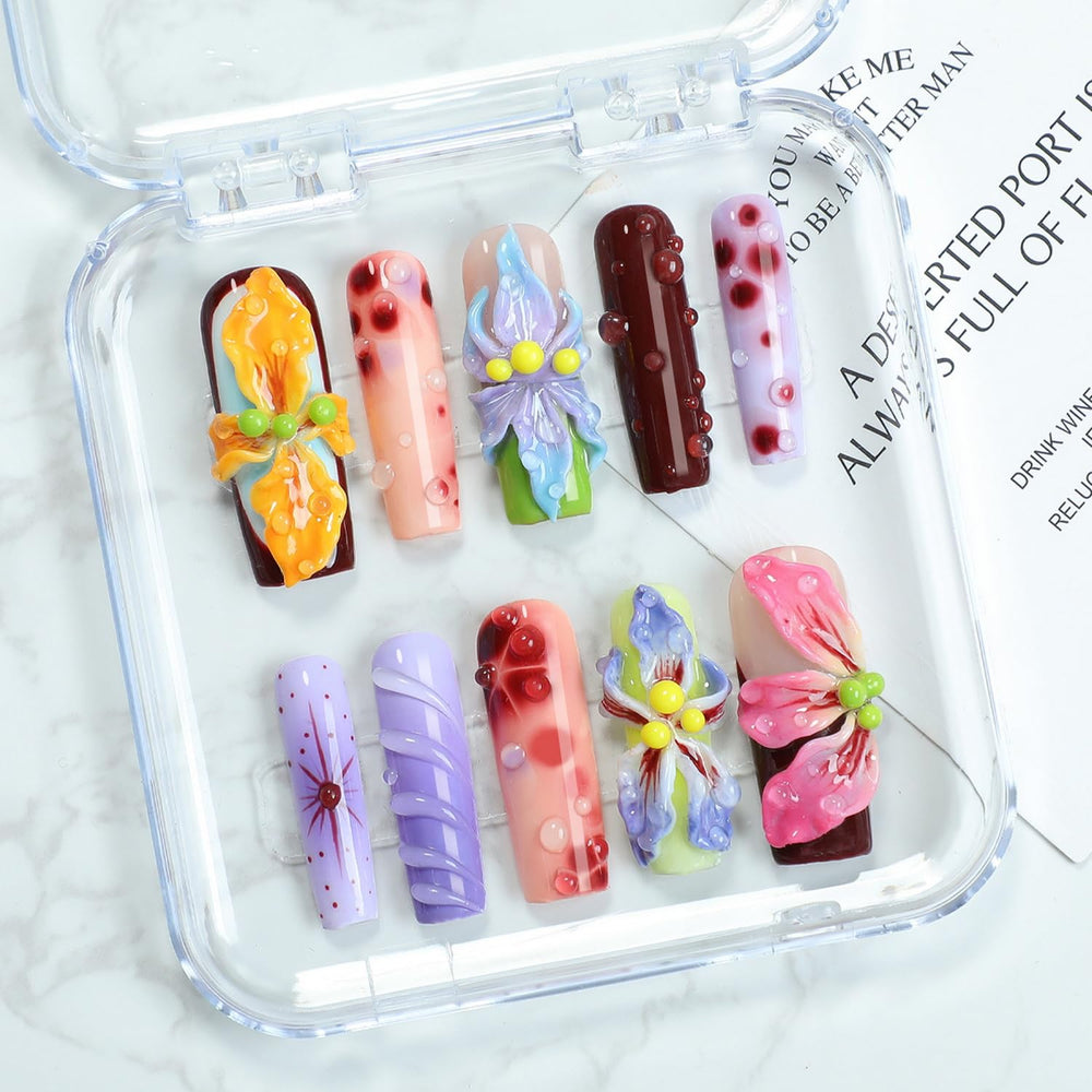 OCOUYVD Flower press on nails with gradient waterdrop floral pattern for daily wear and elegance.