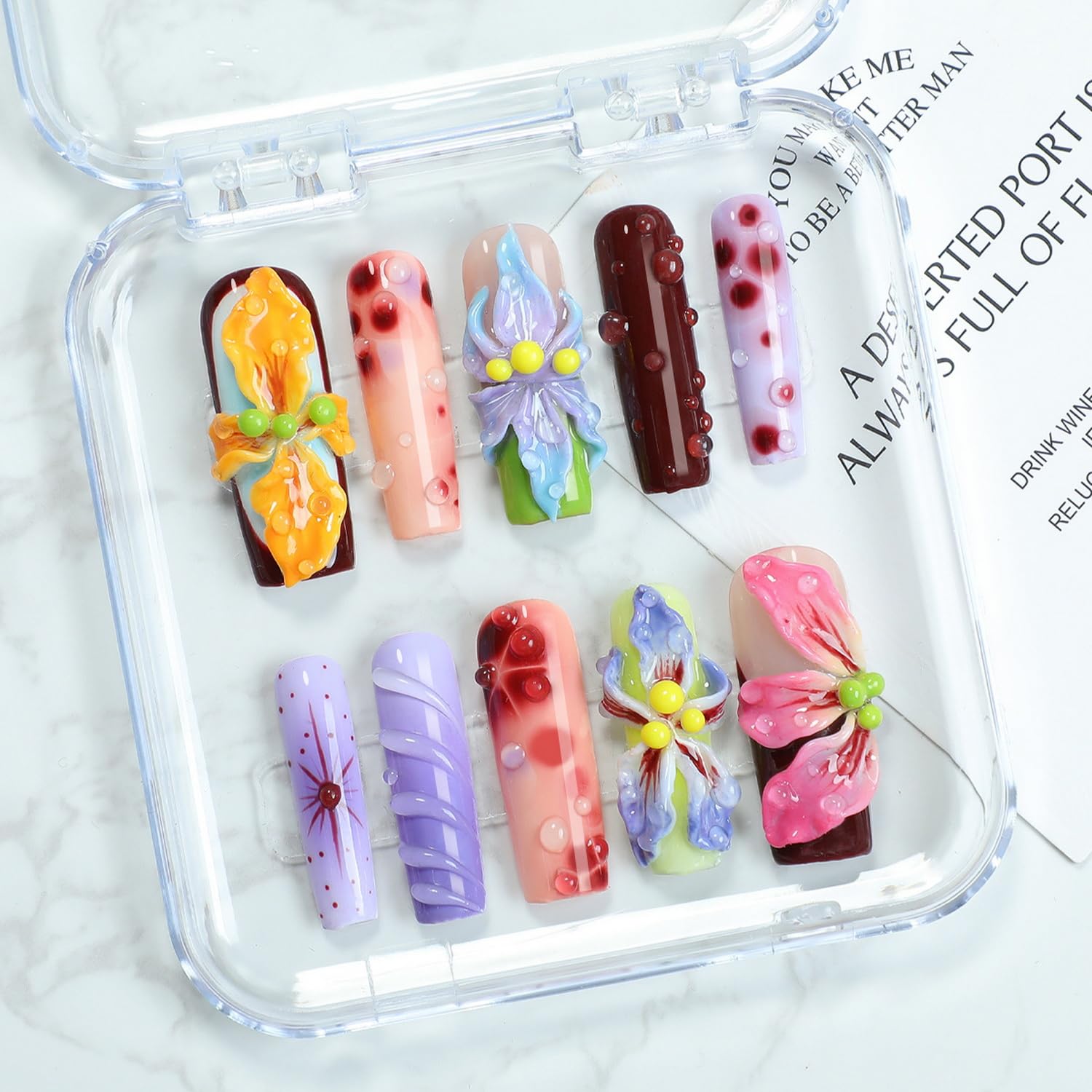 OCOUYVD flower press on nails in long coffin shape for elegant everyday wear