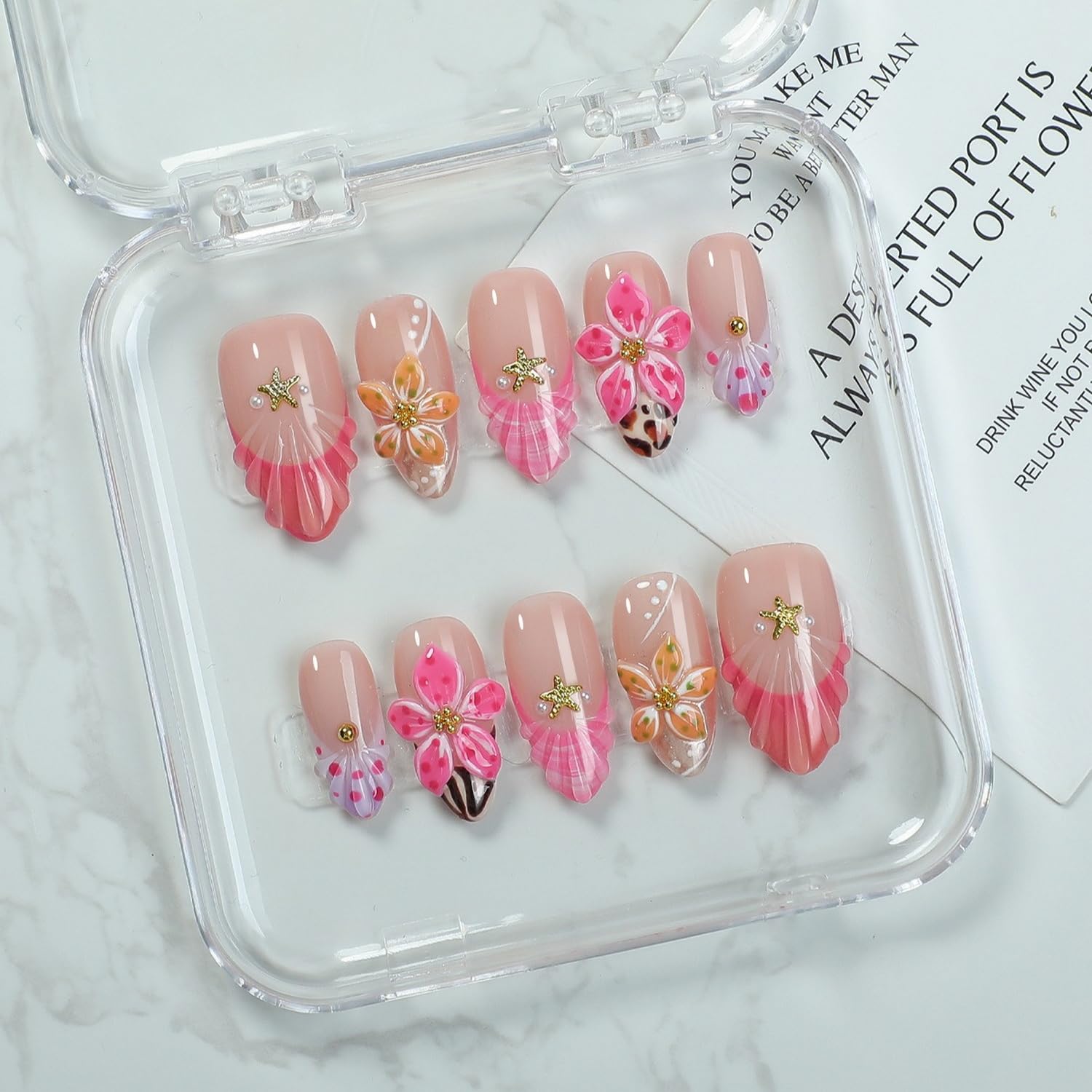 OCOUYVD flower-starfish-3D nails design for chic evenings.