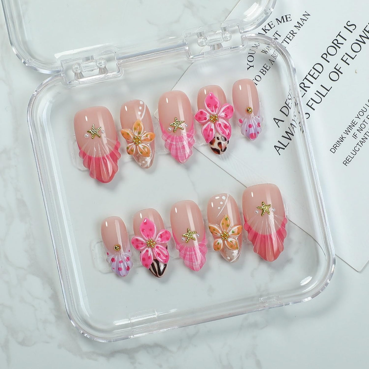 OCOUYVD flower-starfish-3D nails design for chic evenings.