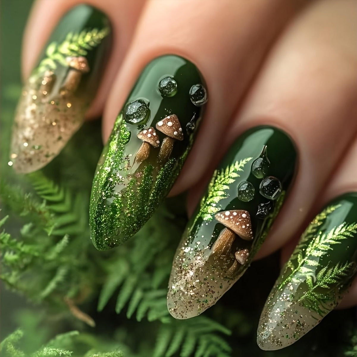 OCOUYVD green glitter press-on nails in almond shape for chic, salon-ready results