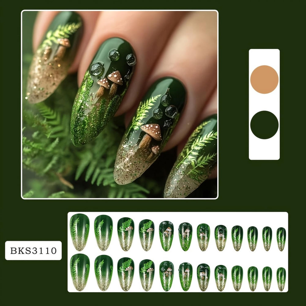 OCOUYVD green glitter nails with mushroom and leaf designs, ideal for spring events
