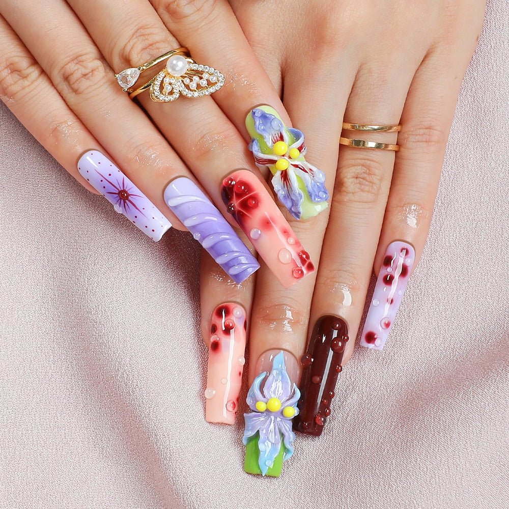 OCOUYVD Handmade long coffin nails showcase durable multi-layer gel for lasting wear.