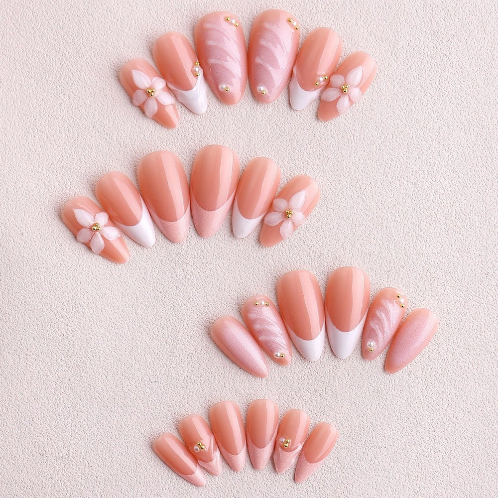 OCOUYVD medium almond nails with white French tip for versatile daily wear.