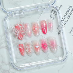 OCOUYVD pink medium almond nails with 3D butterfly bow for elegant occasions