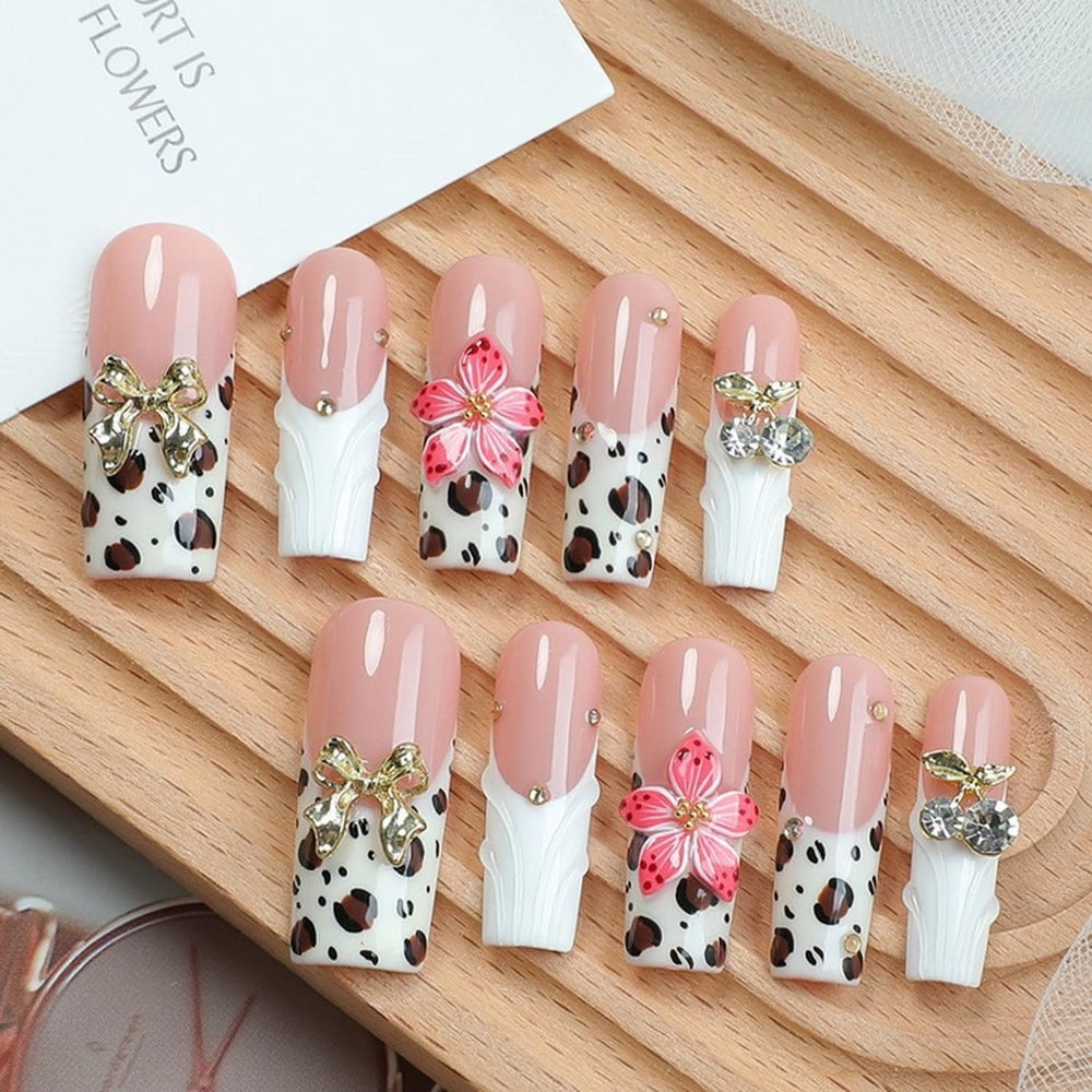 OCOUYVD rhinestone bow embossed long coffin nails for glamorous events
