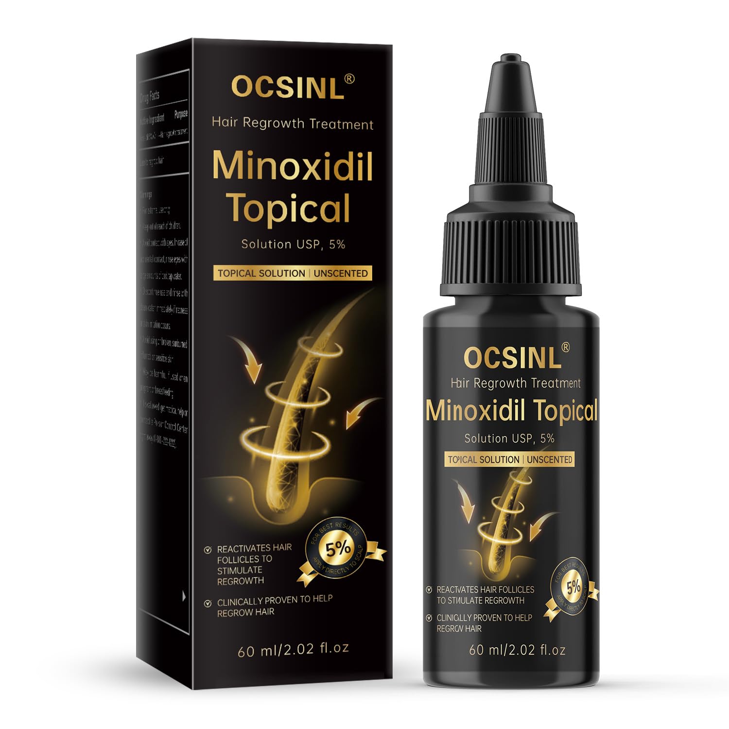 OCSINL Minoxidil 5% bottle for precise scalp application and care.