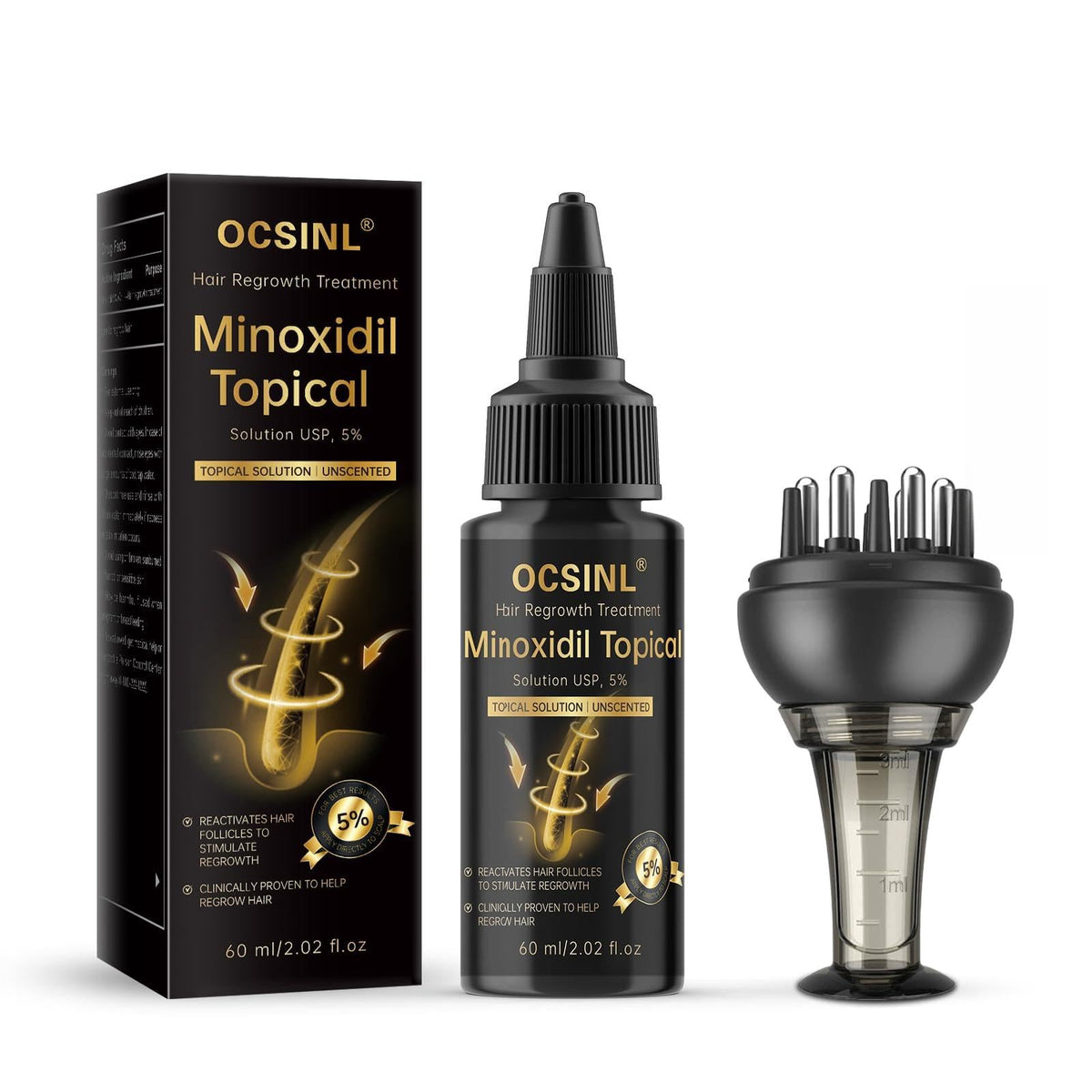 OCSINL Minoxidil serum bottle for easy at-home hair regrowth routine.