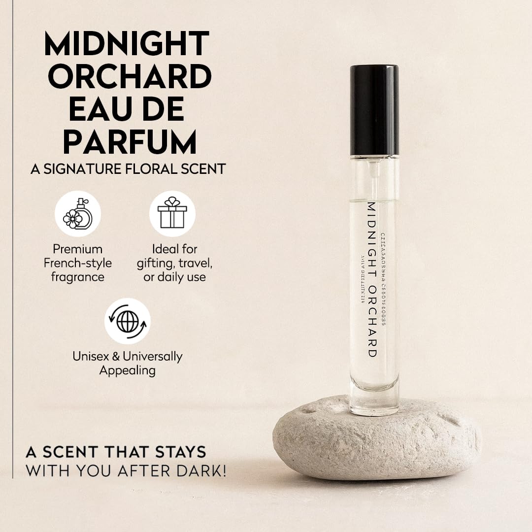 Octavia Morgan Midnight Orchard front label showcases travel-size elegance for on-the-go scent.