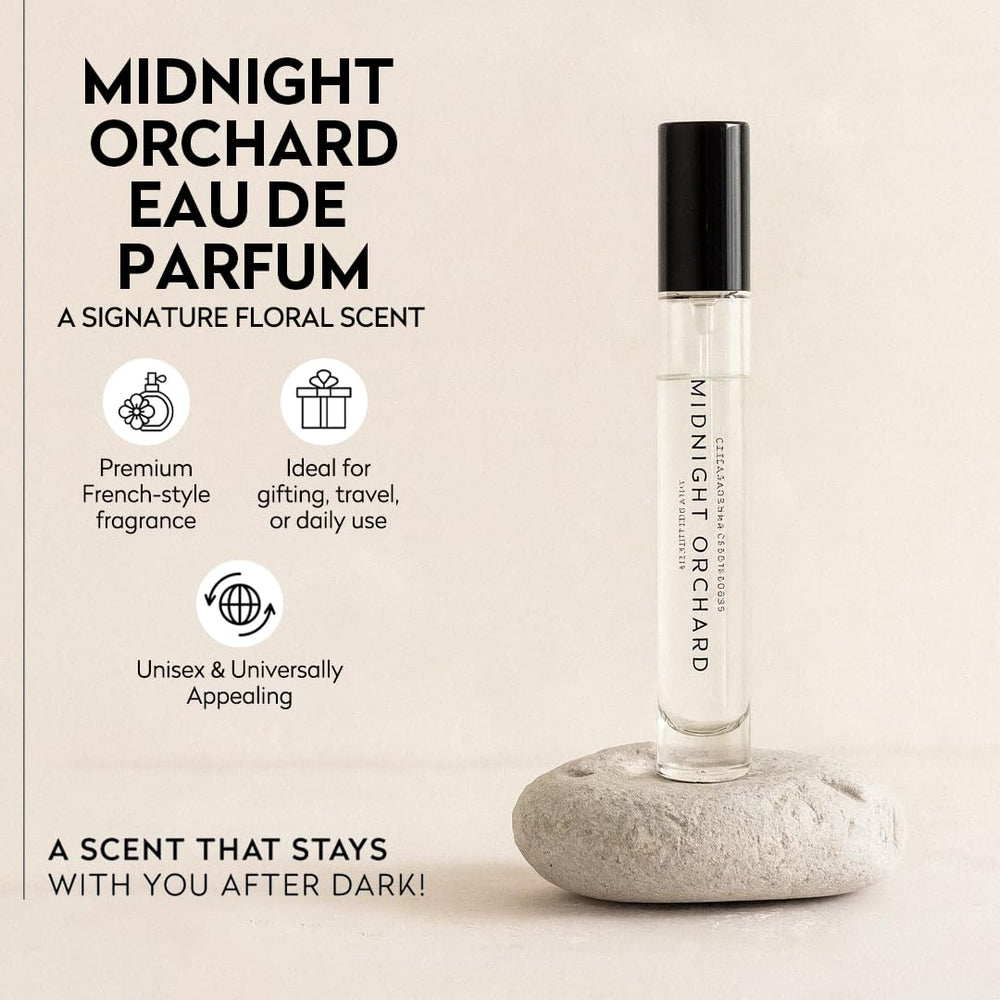 Octavia Morgan Midnight Orchard front label showcases travel-size elegance for on-the-go scent.