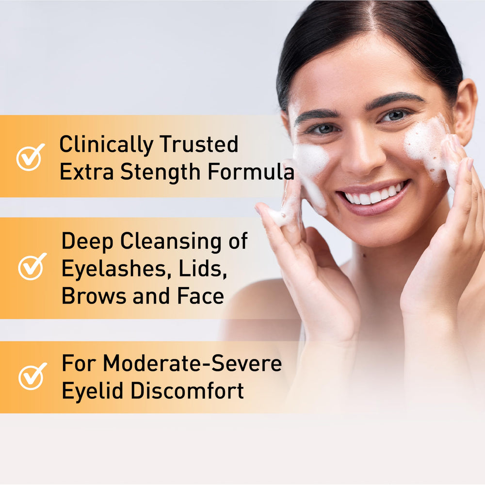 Foaming formula lifts debris from lashes and lids for rinse-off.