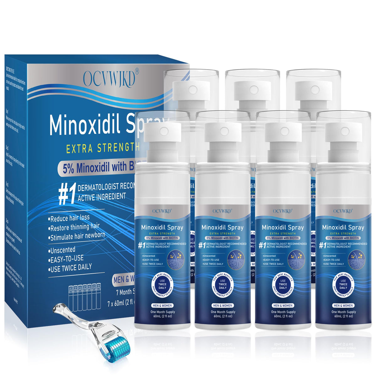 OCVWJKD 5% Minoxidil spray bottle for direct scalp application.