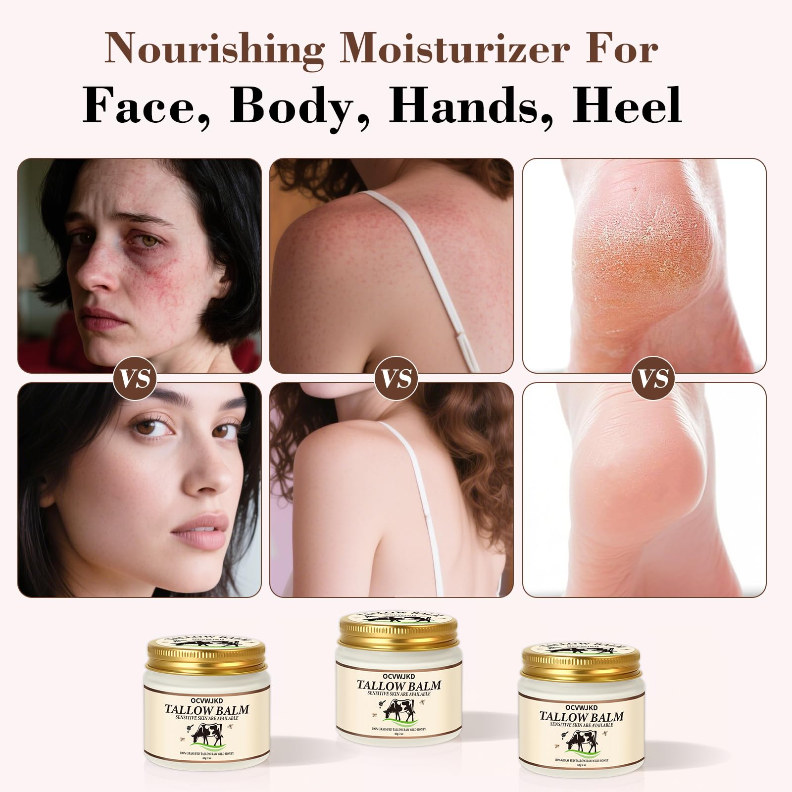 OCVWJKD Beef Tallow & Honey Balm on skin demonstrates immediate surface hydration.