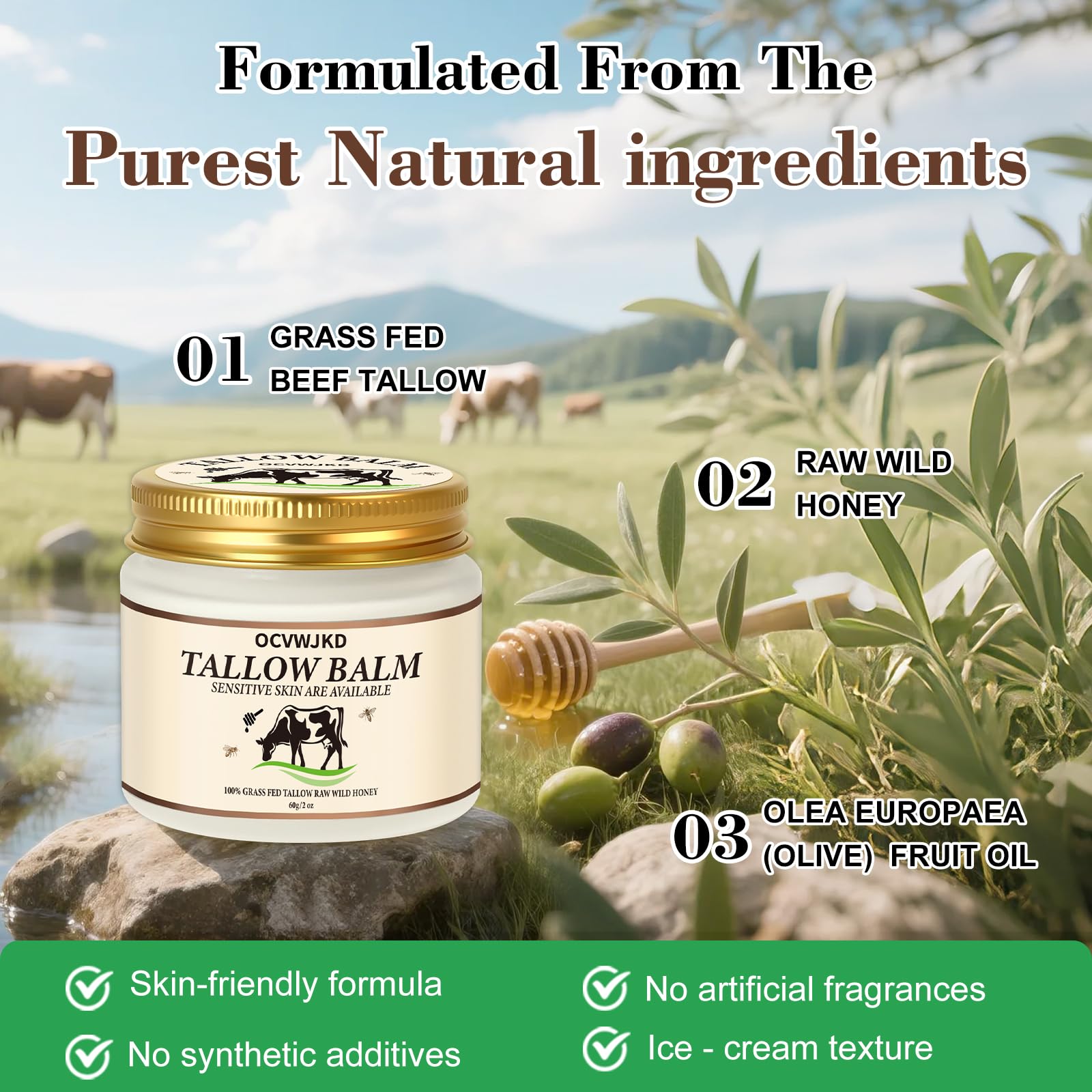 OCVWJKD Beef Tallow & Honey Balm texture closeup reveals creamy, nourishing consistency.