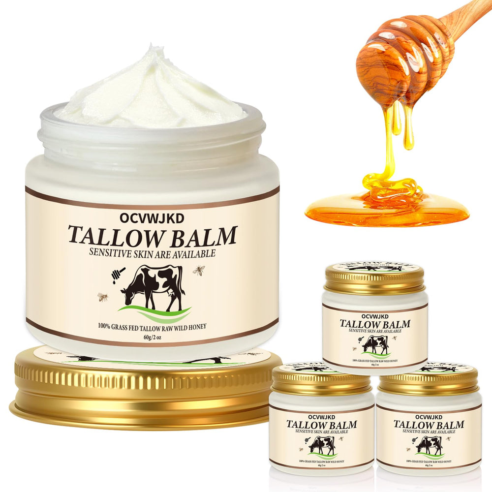 OCVWJKD Beef Tallow & Honey Balm tub open highlights rich moisture for daily skin hydration.